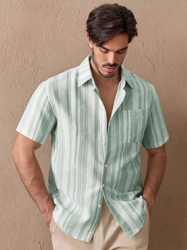 HIMLAND Men's Woven Striped Slim Fit Short Sleeve Casual Shirt, Suitable For Summer, Old Money