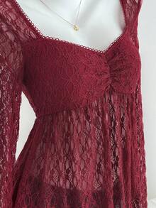 SHEIN Unity Women's Shirt,Burgundy,Summer,Elegant,Dinner Date,V-Neck,Bustier Design,Pleated Chest,Floral Collar Inset,Fitted Silhouette,Flared Cuffs,Long Sleeve - Hot Pink - View 2