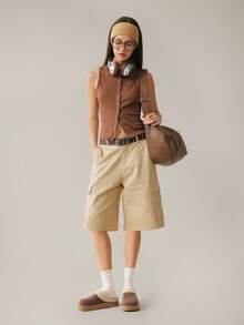 女士休闲保暖圆头拖鞋，棕色厚底平底鞋 - 棕色 - 查看 11