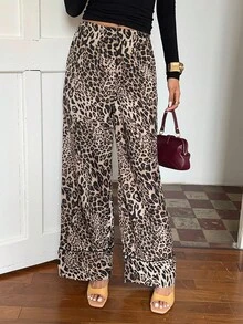 Flirla Women's Basic Leopard Print Casual Pants For Everyday Wear - Multicolor - View 3