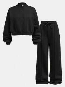 Tween Girls' Solid Color Knit Stand Collar Long Sleeve Sweatshirt Set, Mommy & Me Matching Outfits (2 Sets Sold Separately) Fall Winter - Black - View 2