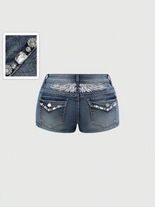 ROMWE Grunge Punk Y2K Ultra Super Low Waist Mini Denim Shorts With Sexy Back Wing Embroidery & Rhinestone Decor, Midriff-Baring - Blue - View 5