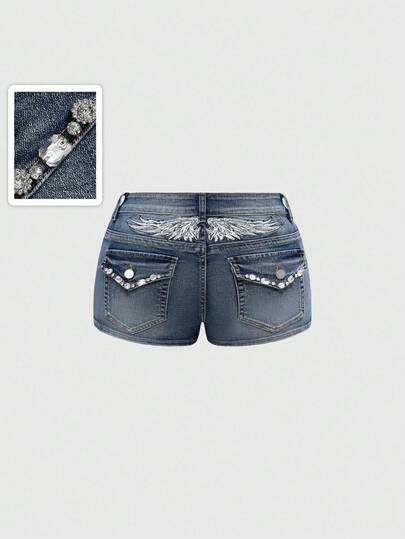 ROMWE Grunge Punk Y2K Ultra Super Low Waist Mini Denim Shorts With Sexy Back Wing Embroidery & Rhinestone Decor, Midriff-Baring