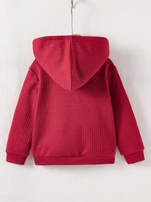 SHEIN Genkimix Kids 男童休闲几何花卉面料恐龙刺绣连帽拉链羊毛卫衣，舒适简约，秋冬 - 酒紅色 - 查看 2