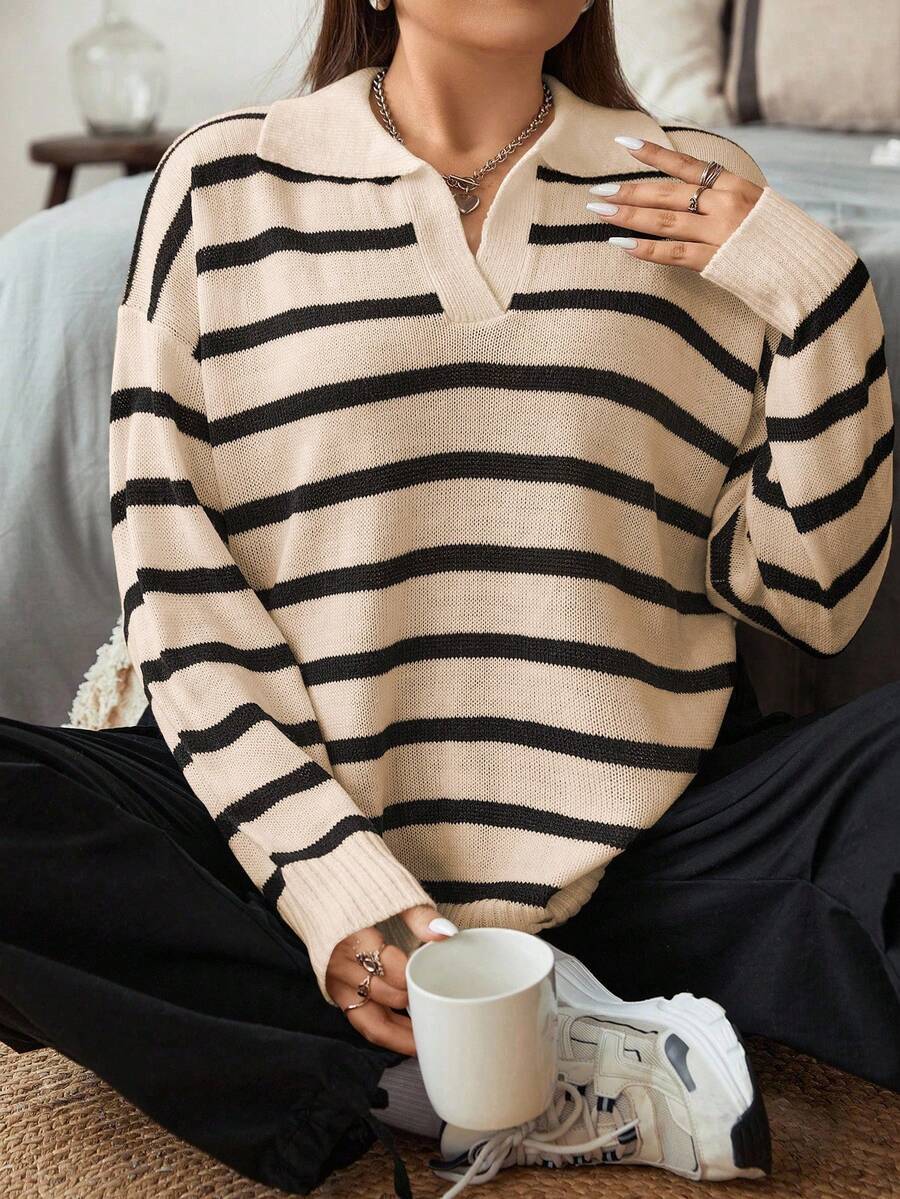 Vionelle Suéter de punto con cuello y estampado de rayas francés de manga larga para tallas grandes - Caqui - Ver 1