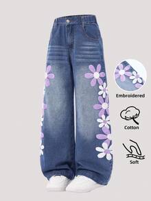 Tween Girls Cute Blue Flower Embroidery Wide-Leg Loose Denim Pants,Washed Light Blue Jeans For School,Back-To-School,Autumn,Vintage Academic Style - Blue - View 3