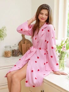 SHEIN Snug Reverie 女士睡袍，粉色条纹，撞色红心印花，衣领，腰部系带和蝴蝶结装饰，秋季 - 彩色 - 查看 4