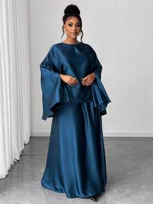 Maweii 大码优雅通勤纯色斗篷袖衬衫和加长裙两件套 - 藍色 - 查看 4