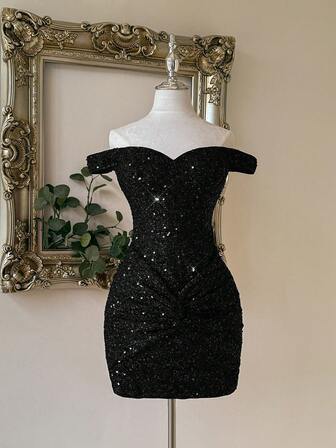 Lovelzi Fashionable, Sexy, Avant-Garde, Mini, Mesh, Shiny, Red, Sequin Fabric, Strapless, Knotted, Off Shoulder, Super Short Dress, Suitable For Nightclub, Party, Vacation, Cocktail Party