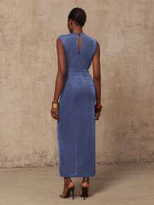 Lumalex VITNOS 秋冬新款高端优雅咖色针织无袖褶皱修身收腰金属扣装饰不对称连衣裙，女秋装，适合演唱会、约会、婚礼、派对、生日 - 霧霾藍 - 查看 5