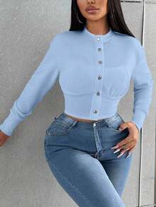 Zolique Áo khoác thường ngày tay dài trễ vai màu trơn, cài khuy đơn dành cho nữ, mùa thu - Màu xanh nhạt - Xem 4