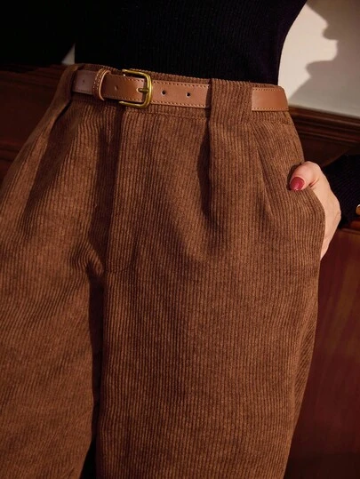 Vintamour Vintage Elegant Women's Pants With Pockets And Belt Corduroy Casual Pants For Work And Vacation For Women For Women For Women For Women For Women Christmas Women's Christmas For Women Saudi National Day Brown Pants New Year Spring