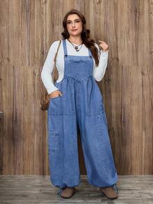 EMERY ROSE Plus Size Women Casual Pocket Denim Bib Overalls - Medium Wash - View 1