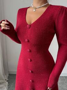 Elenzga Women's Autumn/Winter New Rose Button Decor V-Neck Fitted Shiny Knit Mini Sweater Dress