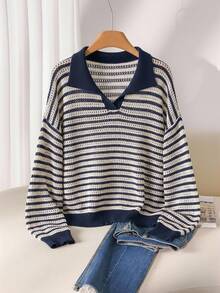 CosyJoli Plus Size Casual Polo Collar Striped Long Sleeve Pullover Sweater Women Pullover Collared Sweater Striped Sweater Women Striped Sweater In Fall/Winter