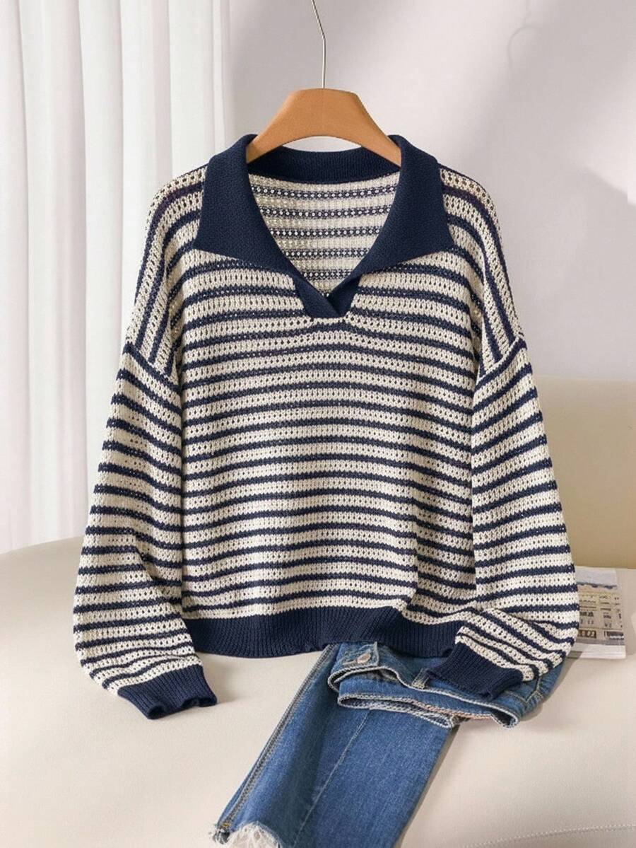 CosyJoli Plus Size Casual Polo Collar Striped Long Sleeve Pullover Sweater Women Pullover Collared Sweater Striped Sweater Women Striped Sweater In Fall/Winter