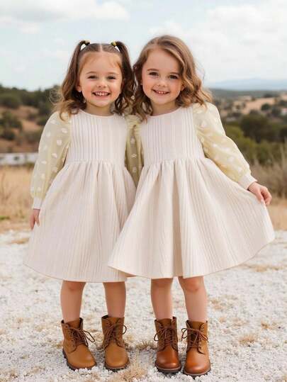 Emery Rose Kids Emery Rose Kids 年轻女孩纯色圆领拼布泡泡袖休闲连衣裙