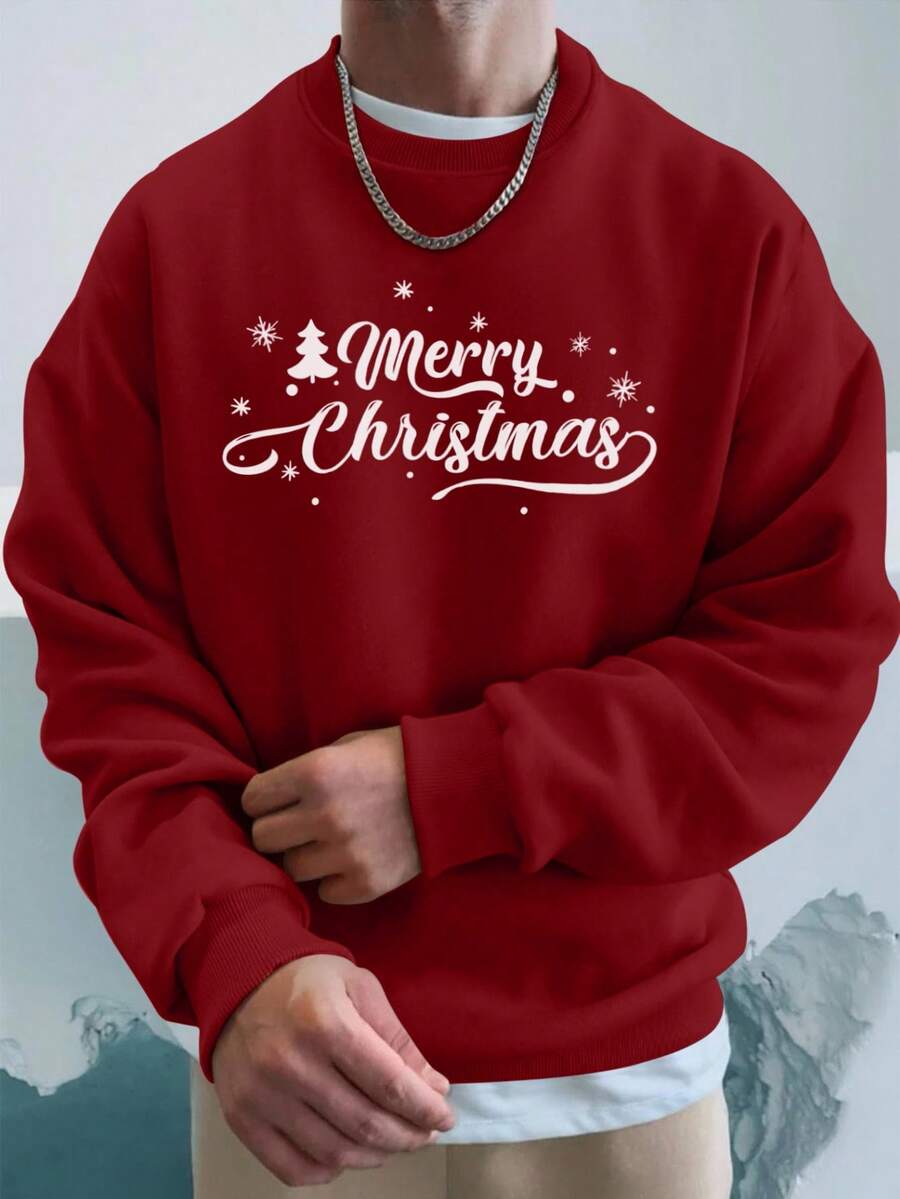 SHEIN Cottnline Cotton Men 1pc Christmas Print Drop Shoulder Sweatshirt - Red - View 1