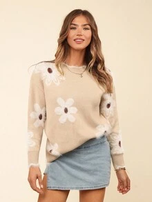 Áo len cổ tròn viền gợn sóng họa tiết hoa lãng mạn dành cho nữ, mùa thu/đông - Nhiều màu - Xem 1