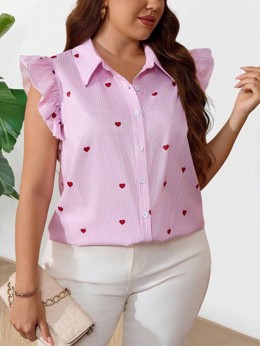 EMERY ROSE Blusa de mujer talla grande con estampado de corazones a rayas, para verano - Multicolor - Ver 1