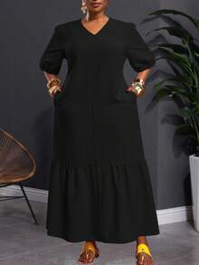 Slaydiva 2025 新款春夏大码女式复古西部度假/早午餐装，音乐节/俱乐部/公路旅行/度假/休闲/城市度假/毕业典礼，女士优雅装扮，休闲宽松黄色纹理泡泡格纹 V 领泡泡袖 H 字形荷叶边下摆长裙 - 黑色 - 查看 1