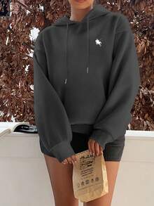 SHEIN EZwear 休闲简约马匹印花连帽长袖宽松女式运动衫，适合秋冬季 - 深灰色 - 查看 3