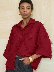 Aveloria Modichic 3/4 Sleeve Olive Green Shirt, Simple Cut, Loose Fit, Classic Collar, Comfortable To Wear - Red - View 4