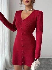 Elenzga Women's Autumn/Winter New Rose Button Decor V-Neck Fitted Shiny Knit Mini Sweater Dress