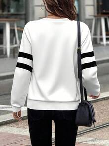 EMERY ROSE Women's Front Zip Up Round Neck Sweatshirt Women Long Sleeve Tops Quarter Zip Women Striped Sleeve Top Women Casual Tops Haikyuu Long Sleeve Zip Top Black And White Curve Fleece,Fall