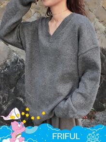 FRIFUL SHEIN X Care Bears Women's Cartoon Pattern Loose Fit Thick Fleece Sweater, Autumn/Winter - Grey - View 3