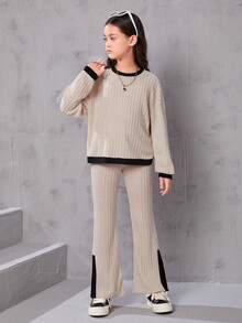 SHEIN Serisse Kids Tween Girl Contrast Ribbed Long Sleeve Loose T-Shirt And Flare Pants 2 Pieces Set