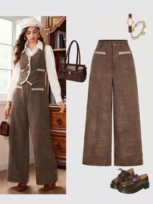 SHEIN MOD 高腰厚花呢阔腿裤咖啡棕色裤子，棕色阔腿裤，花呢裤，筒腿裤，返校季，秋季女装，高腰阔腿裤，咖啡棕色，女裤 - 咖啡棕 - 查看 2