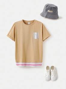 Joliand Joliand 1pc Tween Boy Pink And White Stripe Patchwork Beige Short Sleeve T-Shirt,Summer Casual School Urban Vacation Stylish Daily Wear Outing Travel Tee - Khaki - View 1