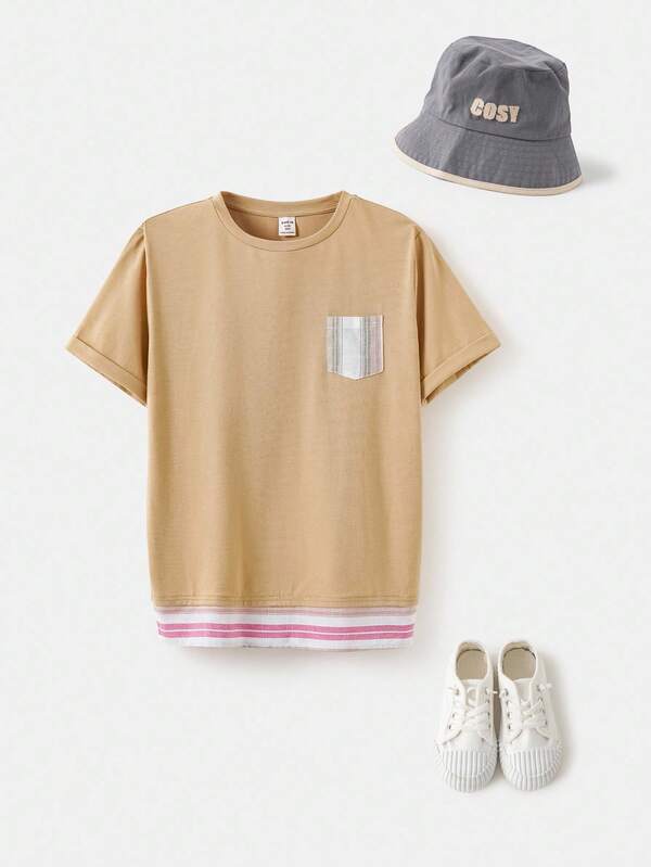 Joliand Joliand 1pc Tween Boy Pink And White Stripe Patchwork Beige Short Sleeve T-Shirt,Summer Casual School Urban Vacation Stylish Daily Wear Outing Travel Tee