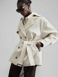 Ontre 女式米色风衣，都市现代风格，带翻领、腰带、收腰