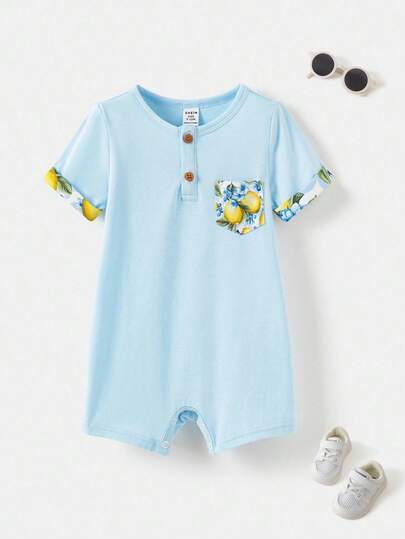 Joliand Joliand 1 件装男婴优雅都市风格舒适柠檬印花拼接蓝色宽松短袖连体衣，适合日常休闲穿着、外出、家居服、夏季