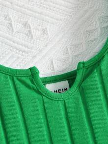 SHEIN Teen Girl Solid Rib-Knit Lettuce Trim Tank Top & Shorts Set - Green - View 3