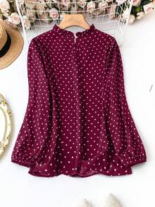 Plus Size Women Frill Trim Round Neck All-Over Print Lantern Sleeve Fashionable Blouse - Burgundy - View 2