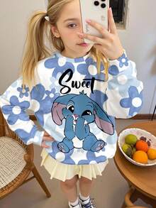 SHEIN 可爱卡通蓝色兔子图案，蓝色渐变花卉，校园街头风，少女休闲宽松保暖圆领卫衣，适合秋冬季穿着 - 彩色 - 查看 3