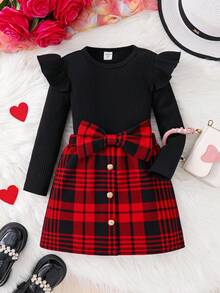 SHEIN Girl 2Pcs Velvet Square Neck Gigot Sleeve Tee Top & Bow Detail Plaid Print Asymmetrical Hem Skirt Outfits,Autumn Birthday Cute Casual Preppy For Kids - Black - View 6