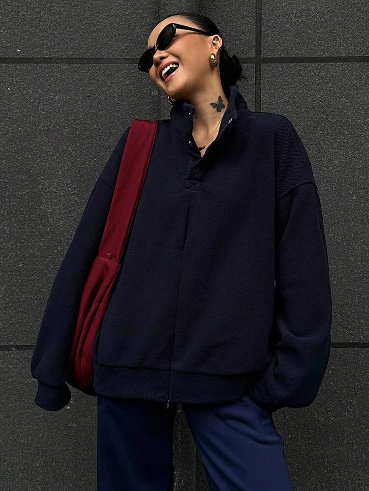 Women's Solid Color Button Half-Placket Drop Shoulder Long Sleeve Loose Casual Sweatshirt, Autumn Y2k