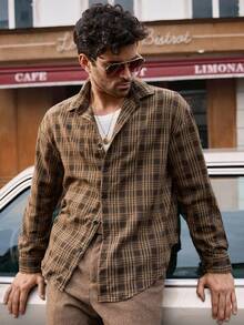 HIMLAND 男士休闲格子插肩下摆弧形下摆衬衫外套，Old Money 秋冬款 - 彩色 - 查看 1