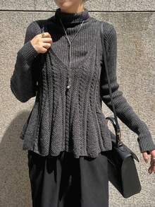 FRIFUL Pull femme col roulé 2 en 1 avec tricot unique, ourlet à volants patchwork, pull décontracté unicolore, automne