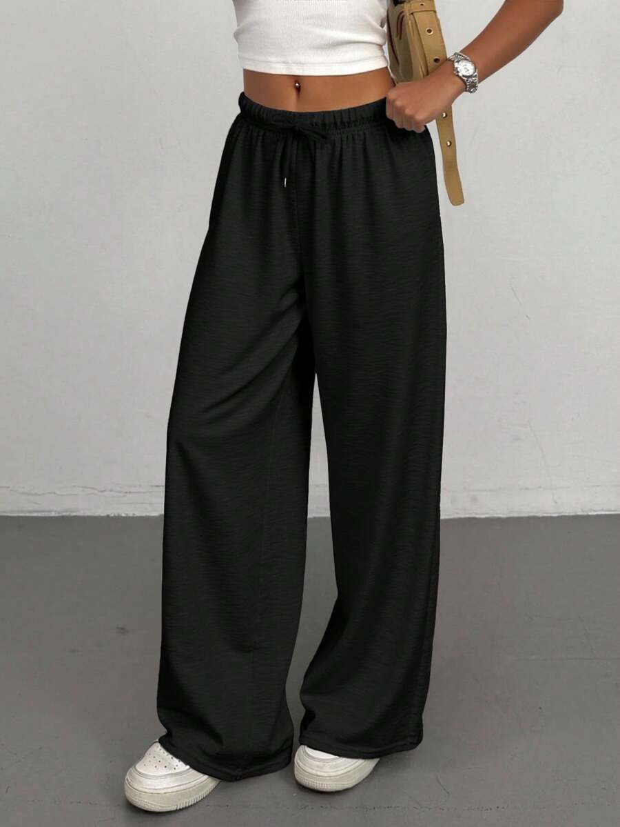 SHEIN Tween Girl Simple Front Tie Loose Sweatpants, Casual Daily Wear Fall Winter - Black - View 1