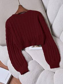 Franclia Solid Color Crew Neck Cable Knit Casual Pullover Sweater,Long Sleeve Tops Knit Pullover Fall Winter Outfit - Burgundy - View 2