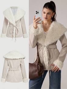 SHEIN MOD 女士秋冬大领收腰系带休闲长袖夹克 - 白色 - 查看 1