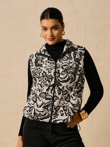 Travachic Chaleco de forro polar con estampado floral bohemio informal con bolsillos para mujer, otoño/invierno, talla grande - Blanco y Negro - Ver 5