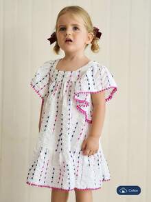 Joliand Joliand 1 pieza Vestido blanco suelto con volantes y ribete de encaje floral fucsia elegante y urbano para bebé niña, adecuado para uso diario casual, viajes, playa, reuniones, fiestas, verano - Blanco - Ver 5