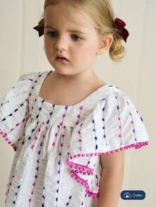 Joliand Joliand 1 pieza Vestido blanco suelto con volantes y ribete de encaje floral fucsia elegante y urbano para bebé niña, adecuado para uso diario casual, viajes, playa, reuniones, fiestas, verano - Blanco - Ver 6