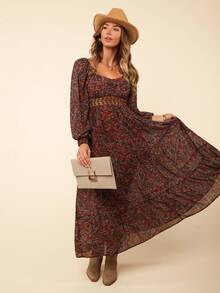 Coeurva Paisley Print Sweetheart Neck Lantern Sleeve Ruffle Hem Dress - Brown - View 1